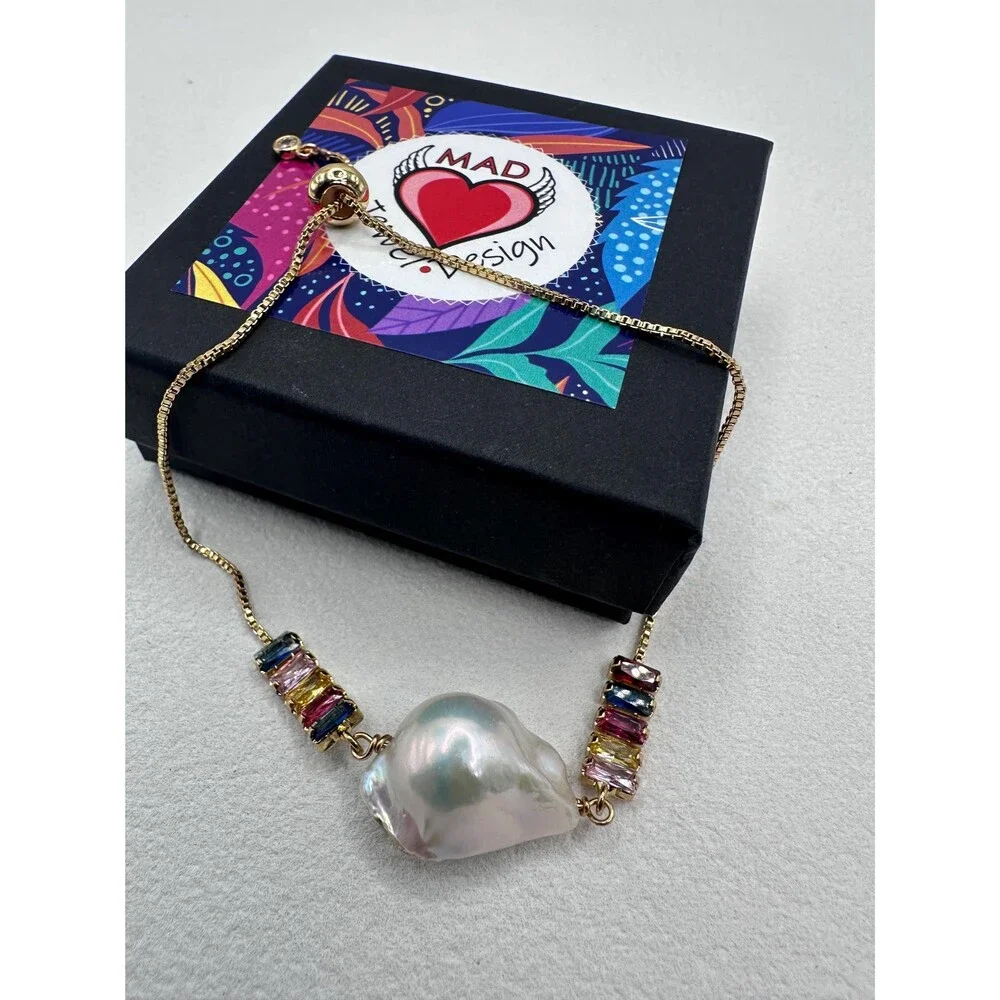 Adjustable White Baroque Pearl Bracelet With Chain and Rainbow Zircon